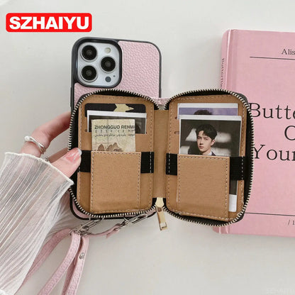 Material: PC, Color: army green - Zipper Wallet Phone Case For iPhone 16 15 14 13 12 Mini 11 Pro XS Max X Plus Card Slot Holder Crossbody Lanyard Leather Cover