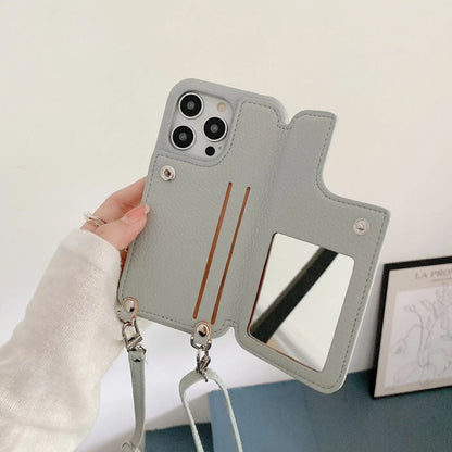 Material: leather, Color: Brown - Zipper Wallet Makeup Mirror Crossbody Lanyard Case For iPhone 16 15 14 Pro Max 13 12 11 XR XS 7 8 Plus Card Slot Leather Cover