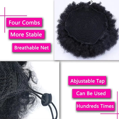 Color: #2, Bulk Buy: 1pc, Stretched Length: 10inches - Synthetic 10Inch Big Afro Puff Drawstring Ponytail Extensions for Black Women 4b 4c Kinky Curly Hair Bun Ponytail Wigs Daily Use
