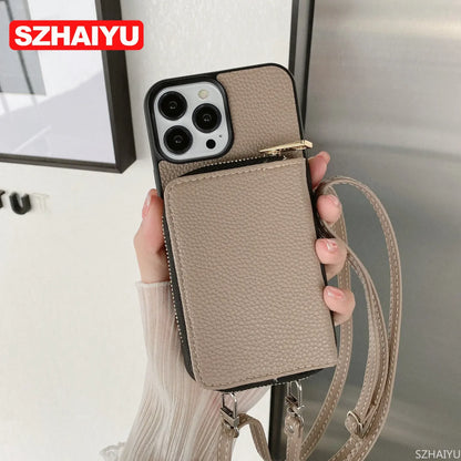Material: PC, Color: army green - Zipper Wallet Phone Case For iPhone 16 15 14 13 12 Mini 11 Pro XS Max X Plus Card Slot Holder Crossbody Lanyard Leather Cover