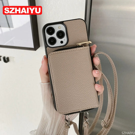 Material: PC, Color: army green - Zipper Wallet Phone Case For iPhone 16 15 14 13 12 Mini 11 Pro XS Max X Plus Card Slot Holder Crossbody Lanyard Leather Cover