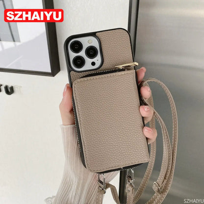 Material: PC, Color: army green - Zipper Wallet Phone Case For iPhone 16 15 14 13 12 Mini 11 Pro XS Max X Plus Card Slot Holder Crossbody Lanyard Leather Cover