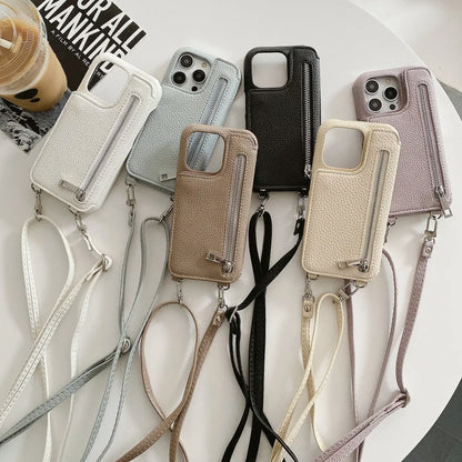 Material: leather, Color: Brown - Zipper Wallet Makeup Mirror Crossbody Lanyard Case For iPhone 16 15 14 Pro Max 13 12 11 XR XS 7 8 Plus Card Slot Leather Cover