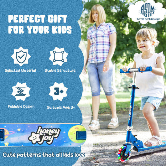 Folding Kick Scooter with 3 Adjustable Heights for Kids-Blue - Color: Blue