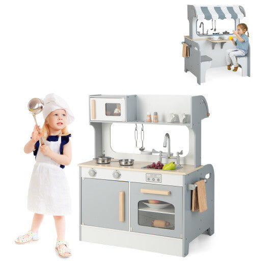 Double Sided Kids Pretend Kitchen Playset with 2-Seat Cafe-Gray - Color: Gray