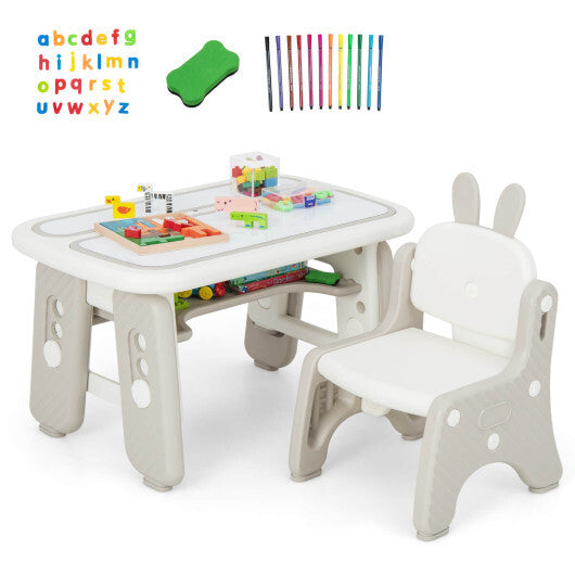 Kids Table and Chair Set with Flip-Top Bookshelf- Gray