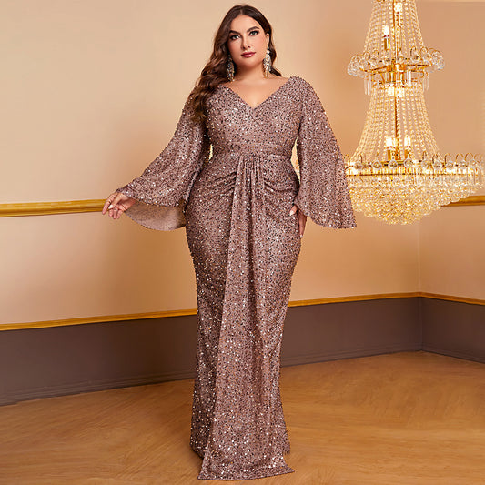 Robe de soirée plissée à manches longues et paillettes- Long sleeve pleated dress